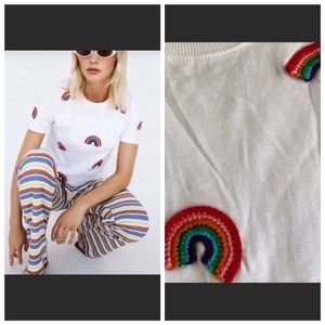New Zara Embroidered Crochet Rainbow Boho Twee Mod Shirt